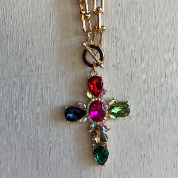 Crystal Cross Necklace Multi-Colored Gold Color Chain Front Clasp Colorful NWT - Picture 4 of 5